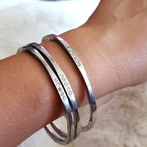 THREE SILVER BANGLE BRACELETS W BLING, ALL GEMS PRESENT